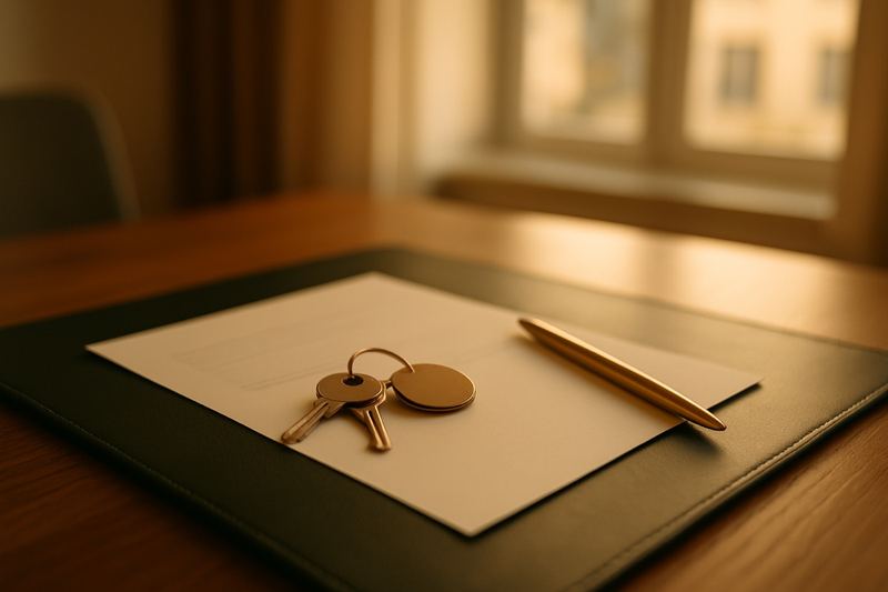 Chaves de imóvel com chaveiro dourado sobre um contrato em branco e uma caneta dourada, em mesa com apoio de couro verde escuro