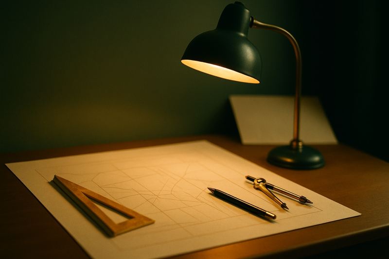 Prancheta com folha de desenho técnico, esquadro, lapiseira e compasso sob a luz dourada de uma luminária verde