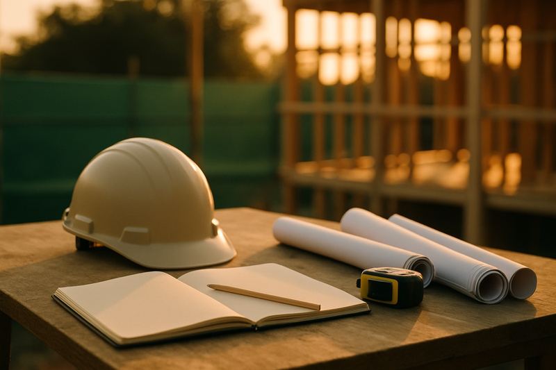 Capacete de obra, caderno de anotações aberto com lápis, plantas enroladas e trena sobre mesa de canteiro, com estrutura em construção ao fundo