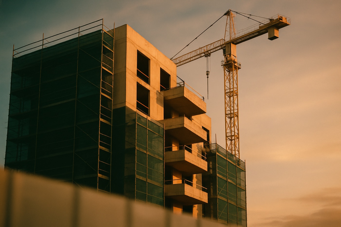 Prédio residencial em construção com andaimes e tela verde, ao lado de uma grua, sob a luz dourada do fim de tarde