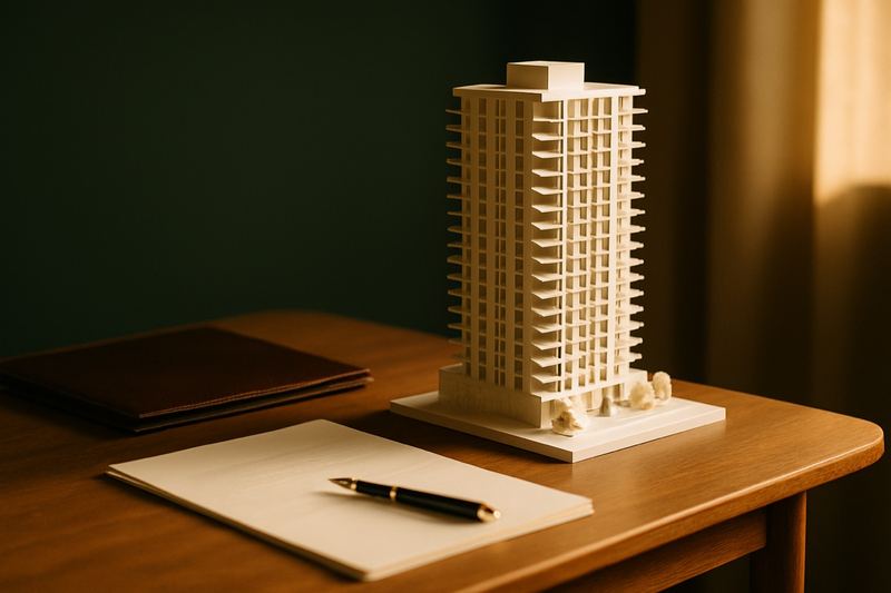 Maquete branca de um edifício residencial sobre mesa de madeira, ao lado de folhas de contrato em branco e uma caneta dourada