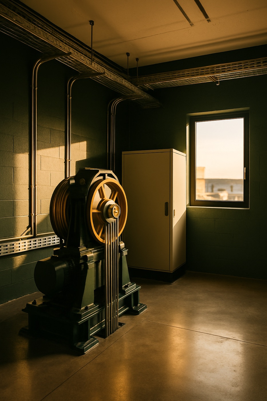 Casa de máquinas de elevador organizada, com a máquina de tração e os cabos de aço, na luz do fim da tarde