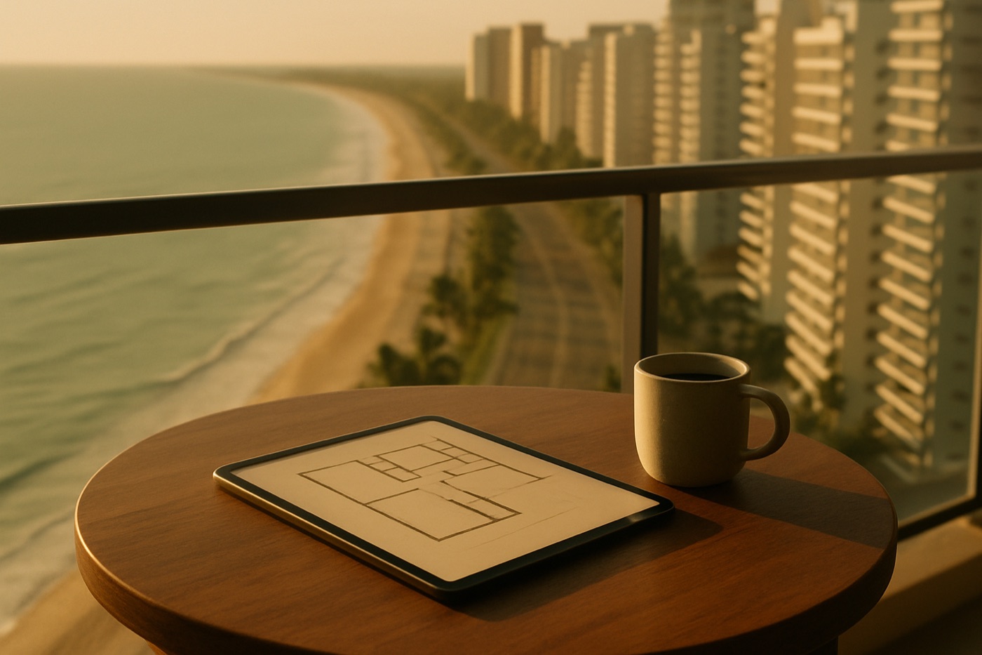 Tablet com a planta de um apartamento sobre a mesa da varanda, com a orla e os prédios ao fundo no fim de tarde