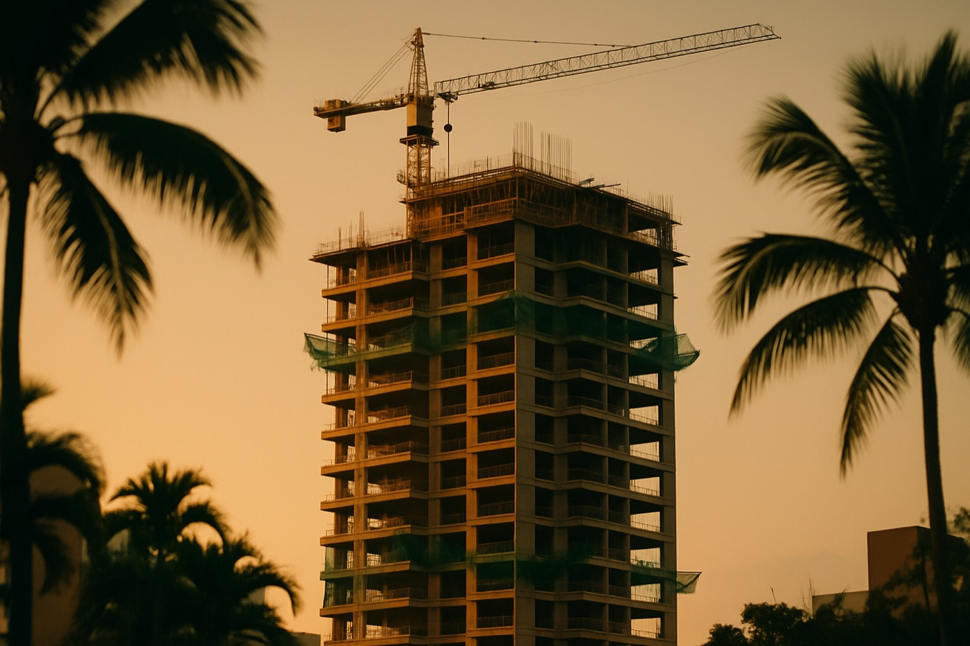 Prédio em construção com guindaste ao pôr do sol em Fortaleza